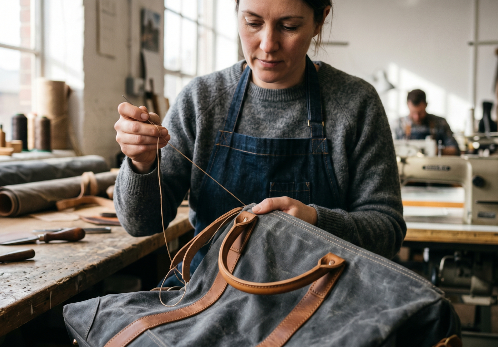 Leatherworker sewing in workshop